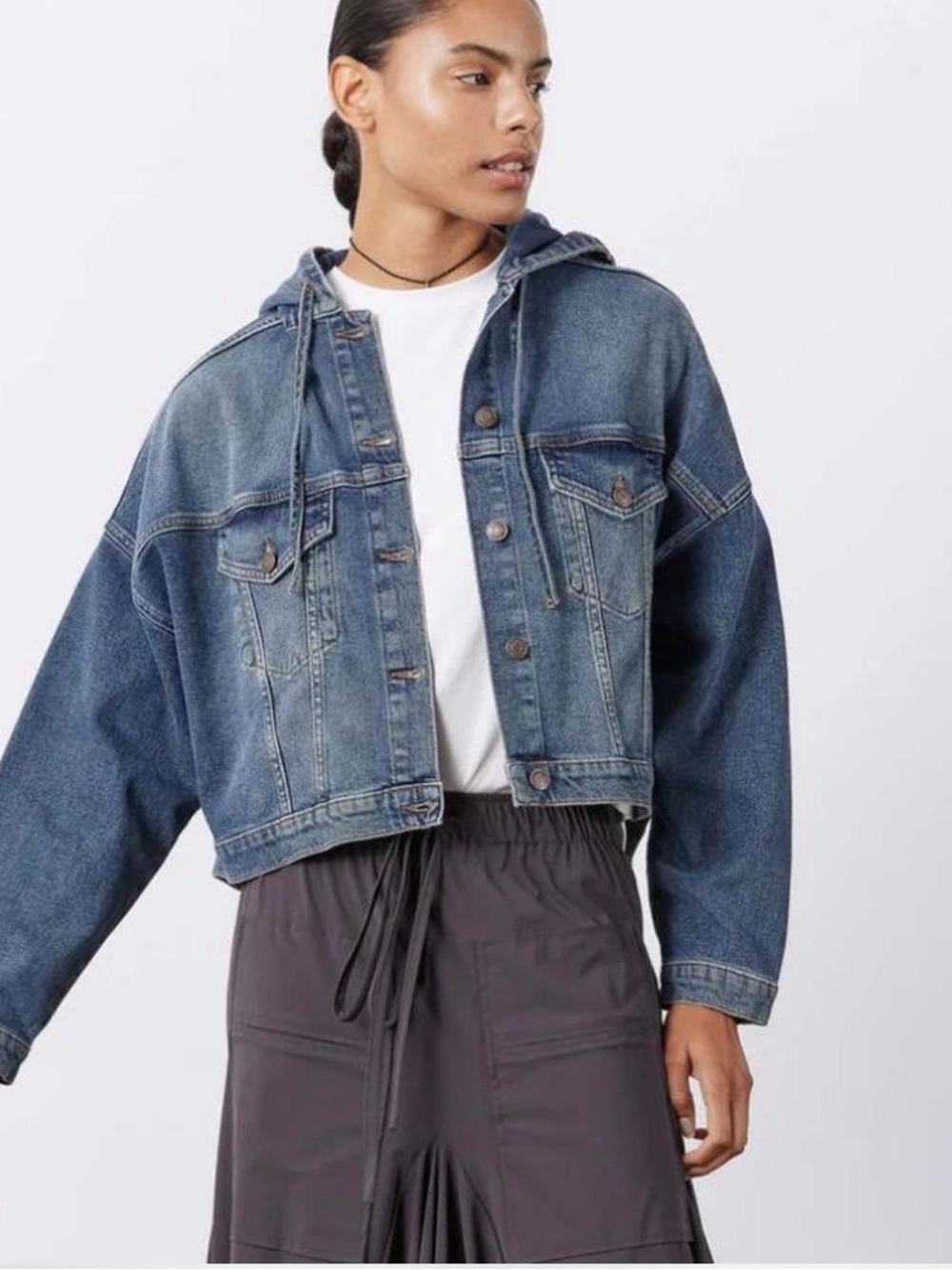 Women's Hooded Cropped Denim Jacket - Blue women Small oversized